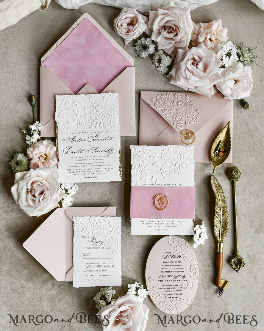 WEDDING INVITATIONS embossed invites Blush Pink Velvet Wedding Invitations – Embossed Floral Invitations with Deckled Edges, Wax Seal & Fine Art Paper
