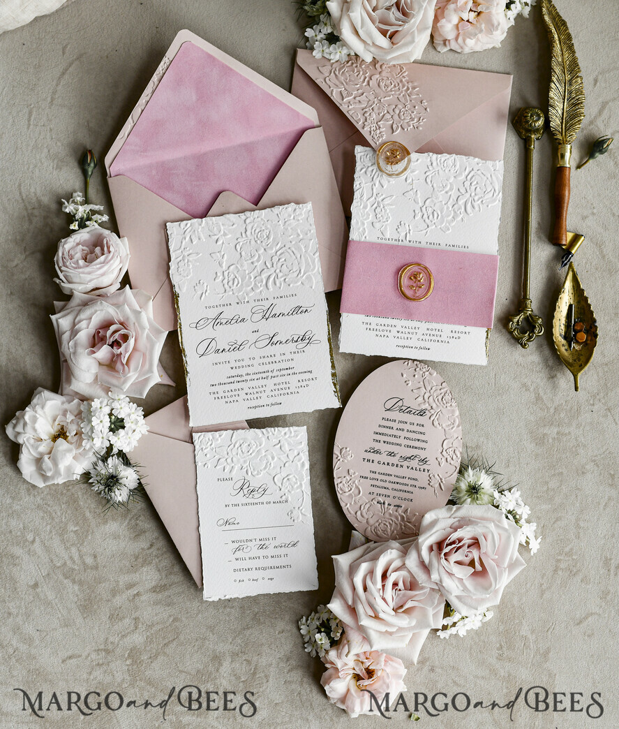 WEDDING INVITATIONS embossed invites Blush Pink Velvet Wedding Invitations – Embossed Floral Invitations with Deckled Edges, Wax Seal & Fine Art Paper