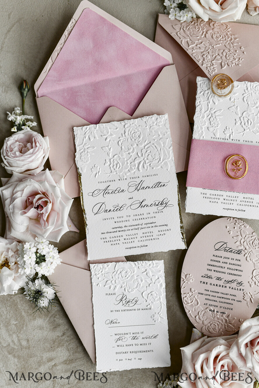 WEDDING INVITATIONS embossed invites Blush Pink Velvet Wedding Invitations – Embossed Floral Invitations with Deckled Edges, Wax Seal & Fine Art Paper