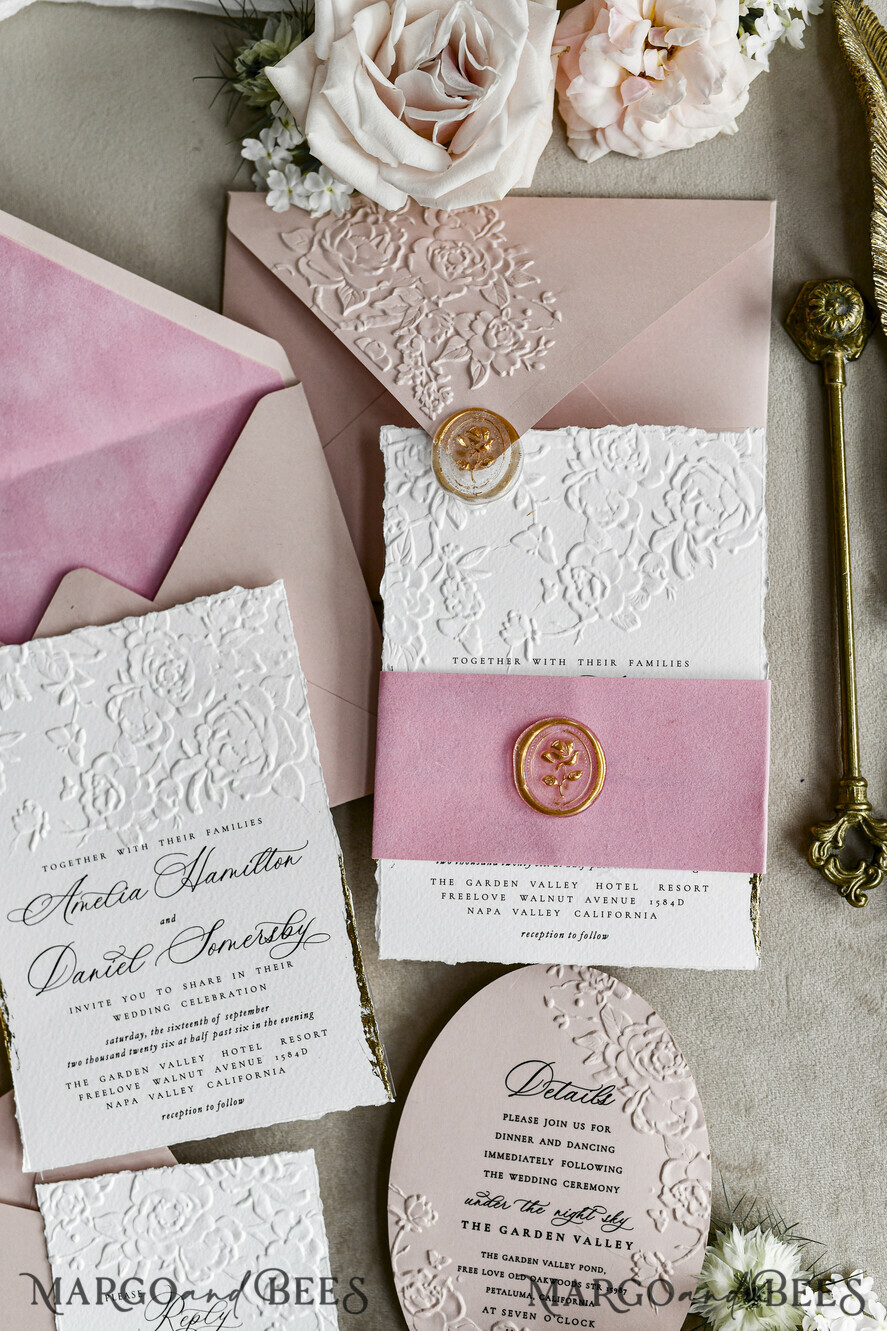 WEDDING INVITATIONS embossed invites Blush Pink Velvet Wedding Invitations – Embossed Floral Invitations with Deckled Edges, Wax Seal & Fine Art Paper