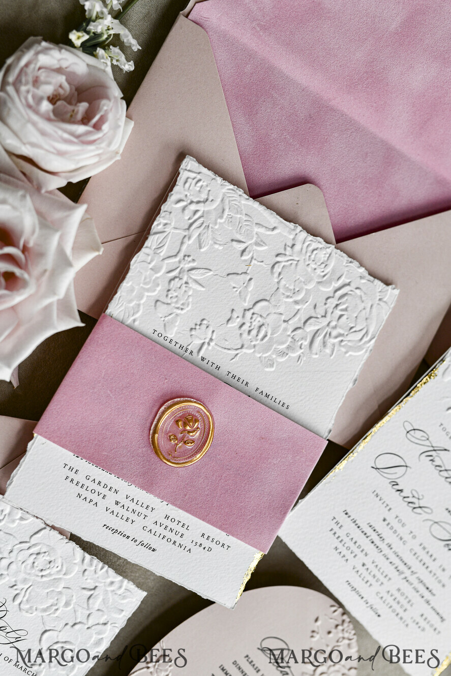 WEDDING INVITATIONS embossed invites Blush Pink Velvet Wedding Invitations – Embossed Floral Invitations with Deckled Edges, Wax Seal & Fine Art Paper
