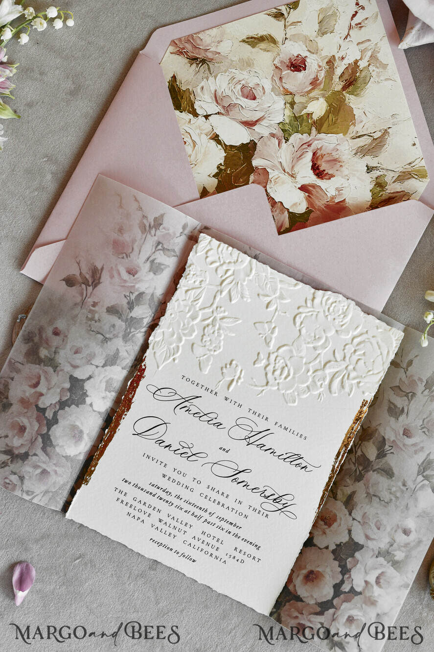 WEDDING INVITATIONS embossed invites Blush Pink Floral Wedding Invitations – Fine Art Invitations with Embossed Details, Floral Envelope Liners
