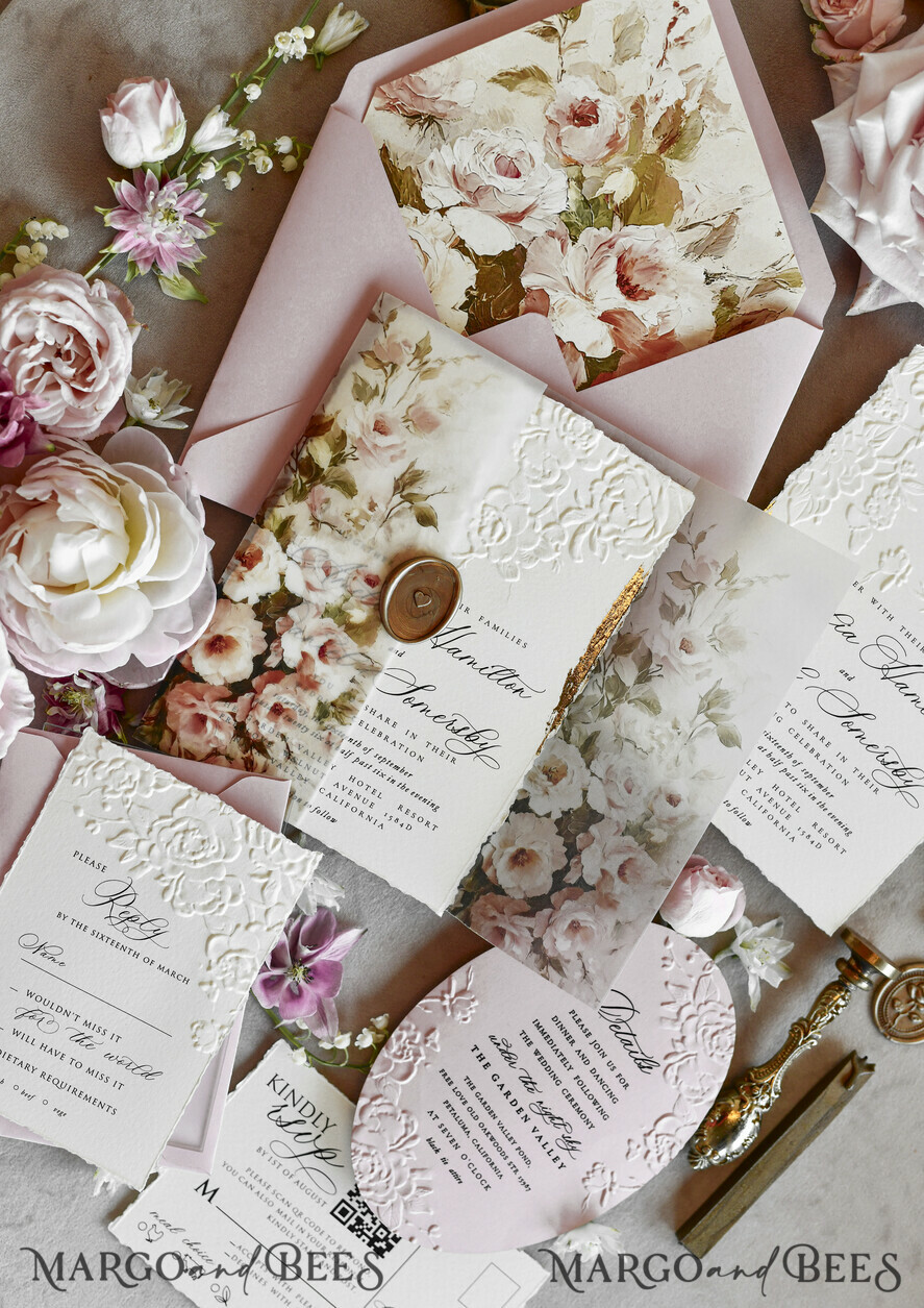 WEDDING INVITATIONS embossed invites Blush Pink Floral Wedding Invitations – Fine Art Invitations with Embossed Details, Floral Envelope Liners