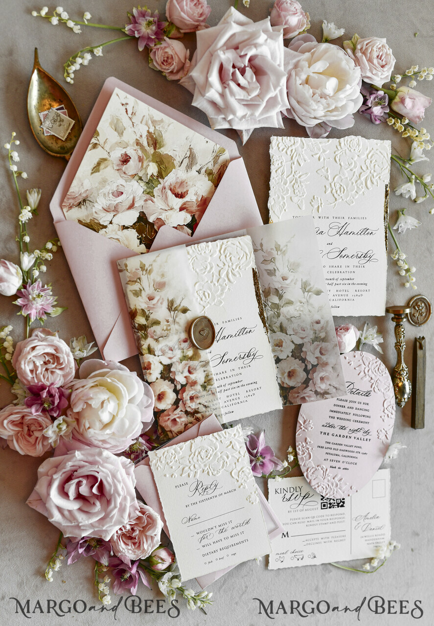 WEDDING INVITATIONS embossed invites Blush Pink Floral Wedding Invitations – Fine Art Invitations with Embossed Details, Floral Envelope Liners
