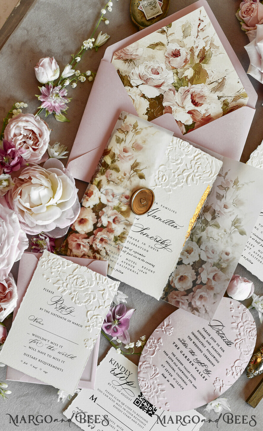 WEDDING INVITATIONS embossed invites Blush Pink Floral Wedding Invitations – Fine Art Invitations with Embossed Details, Floral Envelope Liners