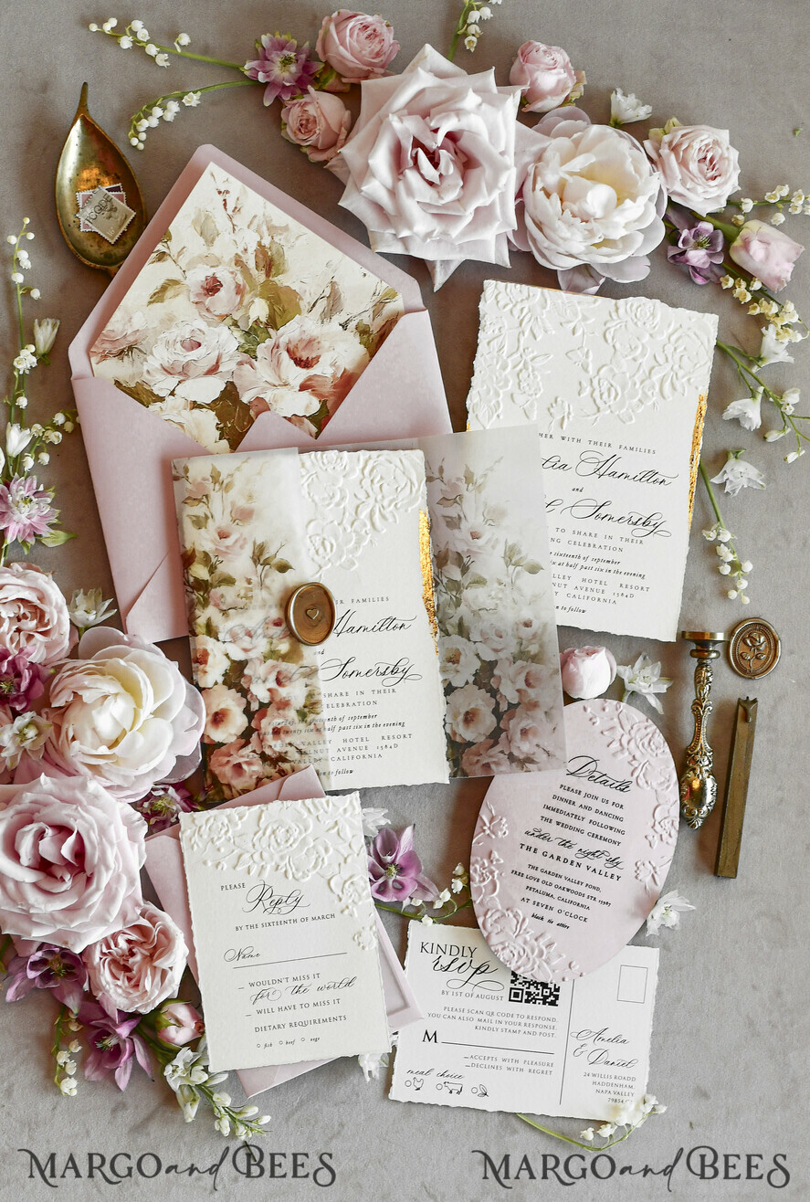 WEDDING INVITATIONS embossed invites Blush Pink Floral Wedding Invitations – Fine Art Invitations with Embossed Details, Floral Envelope Liners