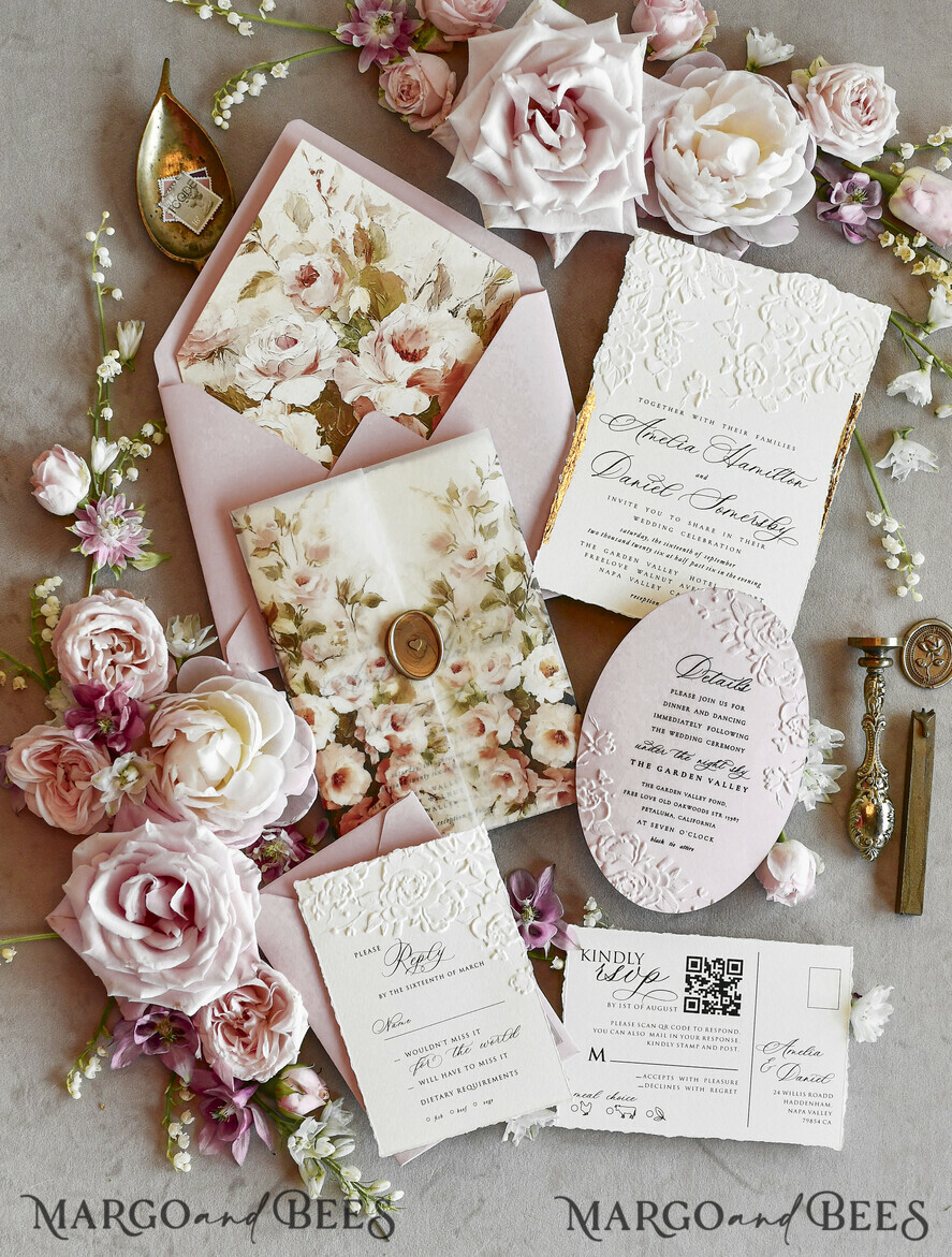WEDDING INVITATIONS embossed invites Blush Pink Floral Wedding Invitations – Fine Art Invitations with Embossed Details, Floral Envelope Liners