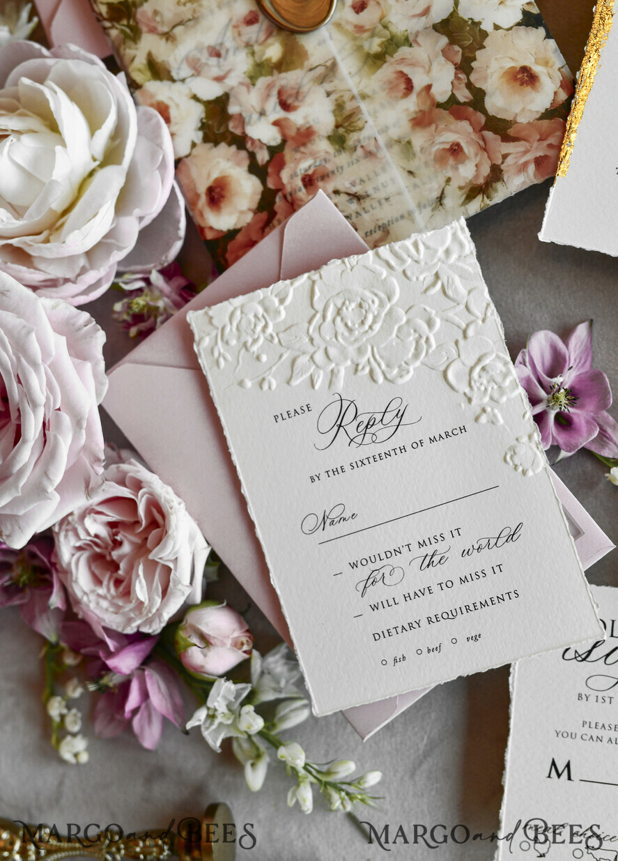 WEDDING INVITATIONS embossed invites Blush Pink Floral Wedding Invitations – Fine Art Invitations with Embossed Details, Floral Envelope Liners