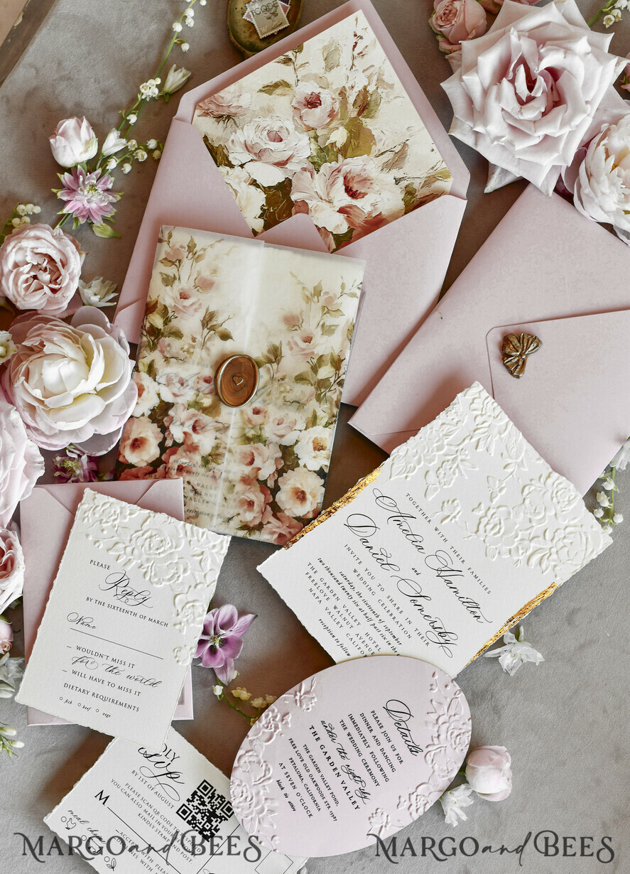 WEDDING INVITATIONS embossed invites Blush Pink Floral Wedding Invitations – Fine Art Invitations with Embossed Details, Floral Envelope Liners