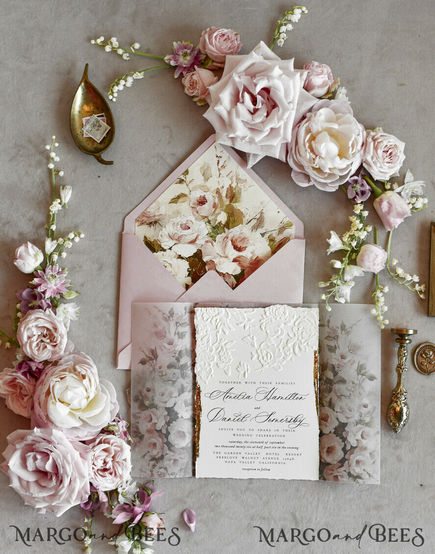 WEDDING INVITATIONS embossed invites Blush Pink Floral Wedding Invitations – Fine Art Invitations with Embossed Details, Floral Envelope Liners