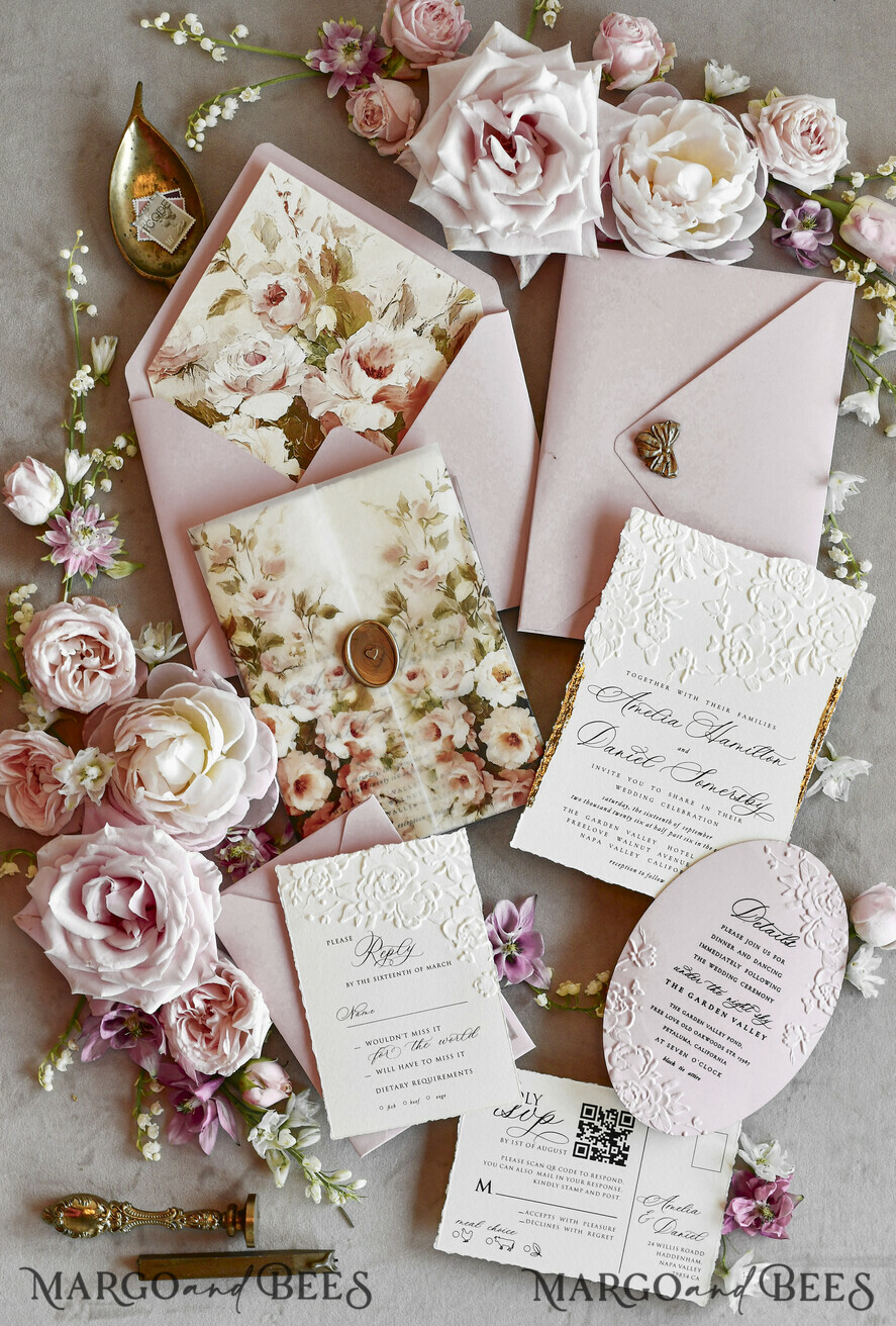 WEDDING INVITATIONS embossed invites Blush Pink Floral Wedding Invitations – Fine Art Invitations with Embossed Details, Floral Envelope Liners