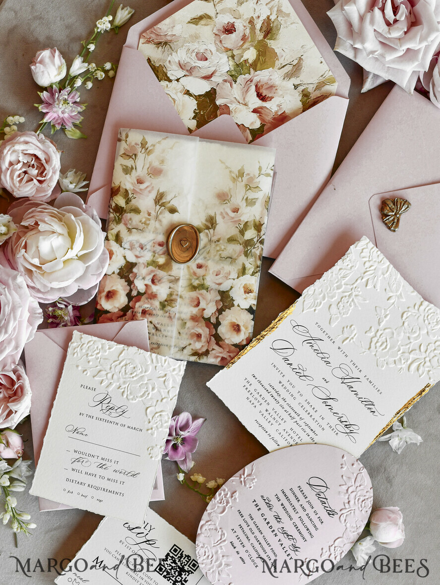 WEDDING INVITATIONS embossed invites Blush Pink Floral Wedding Invitations – Fine Art Invitations with Embossed Details, Floral Envelope Liners
