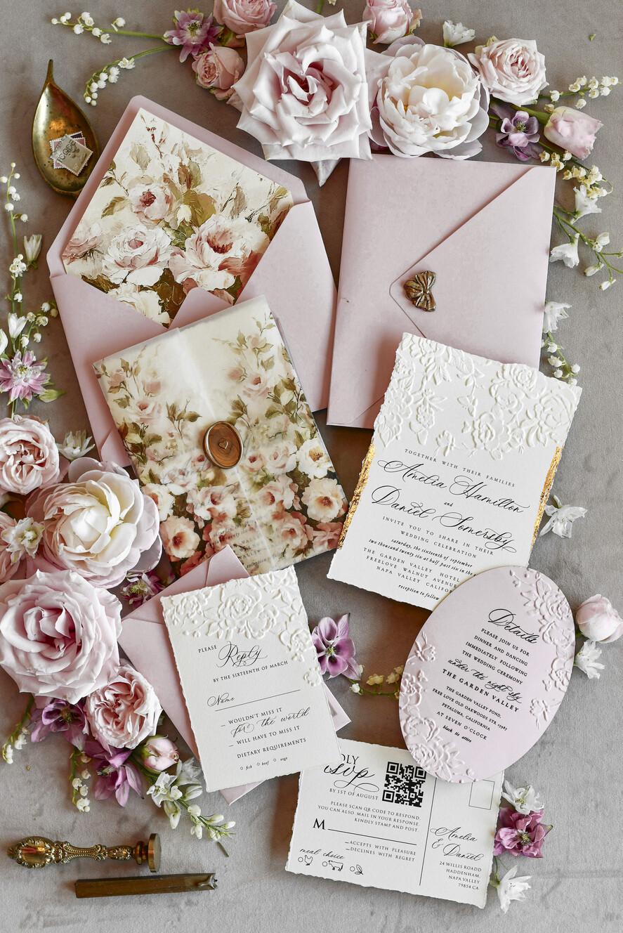 WEDDING INVITATIONS embossed invites Blush Pink Floral Wedding Invitations – Fine Art Invitations with Embossed Details, Floral Envelope Liners