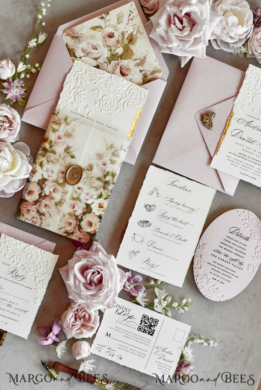 WEDDING INVITATIONS embossed invites Blush Pink Floral Wedding Invitations – Fine Art Invitations with Embossed Details, Floral Envelope Liners