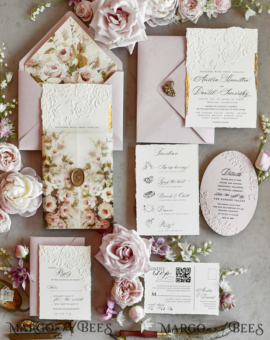 WEDDING INVITATIONS embossed invites Blush Pink Floral Wedding Invitations – Fine Art Invitations with Embossed Details, Floral Envelope Liners