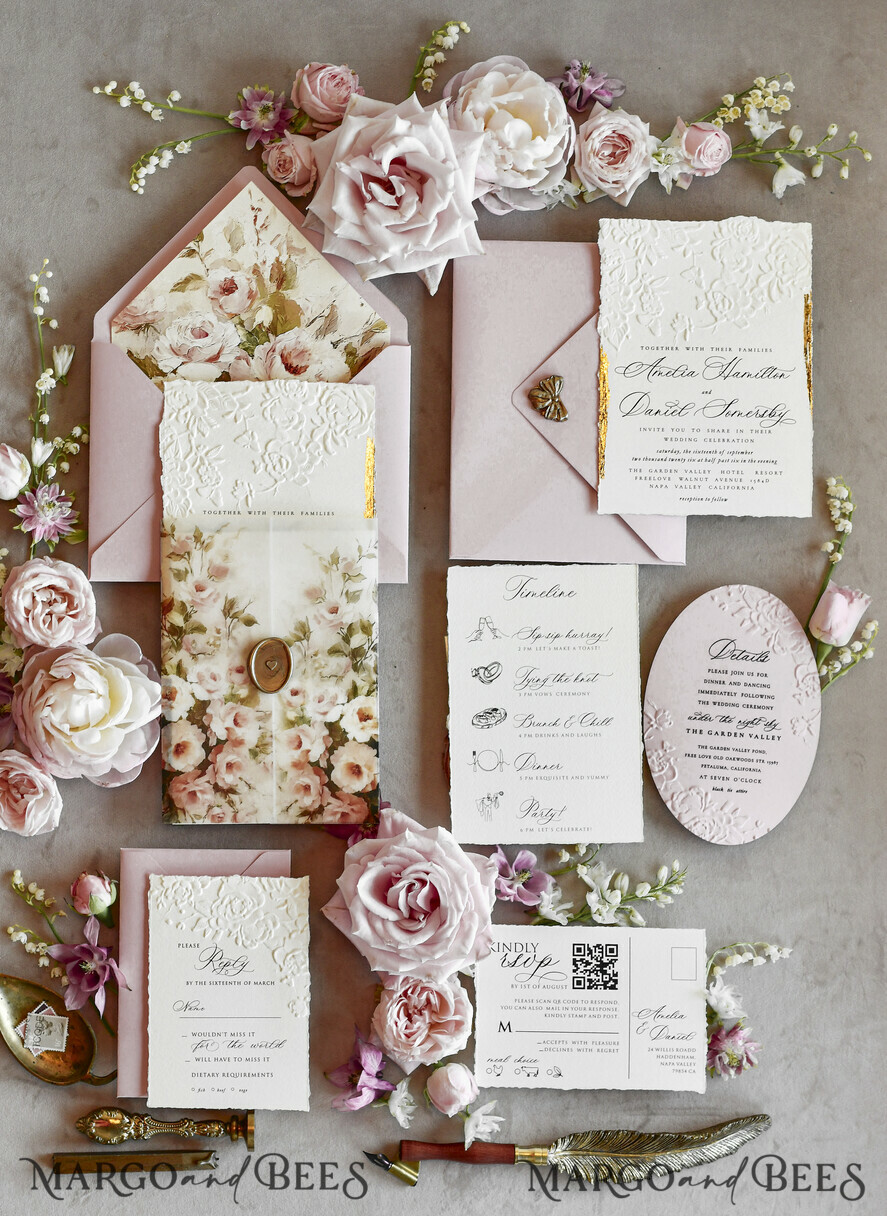 WEDDING INVITATIONS embossed invites Blush Pink Floral Wedding Invitations – Fine Art Invitations with Embossed Details, Floral Envelope Liners