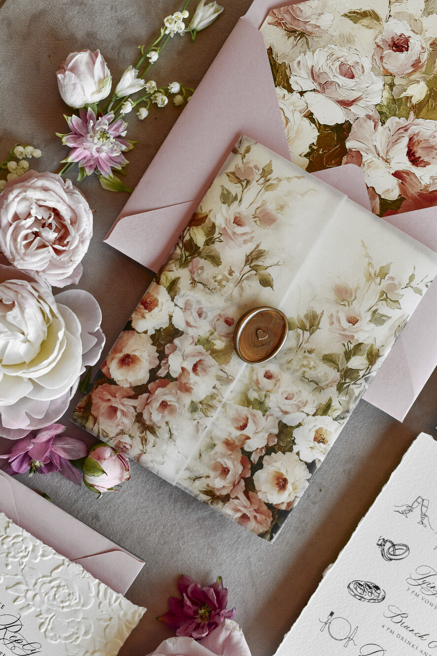 WEDDING INVITATIONS embossed invites Blush Pink Floral Wedding Invitations – Fine Art Invitations with Embossed Details, Floral Envelope Liners