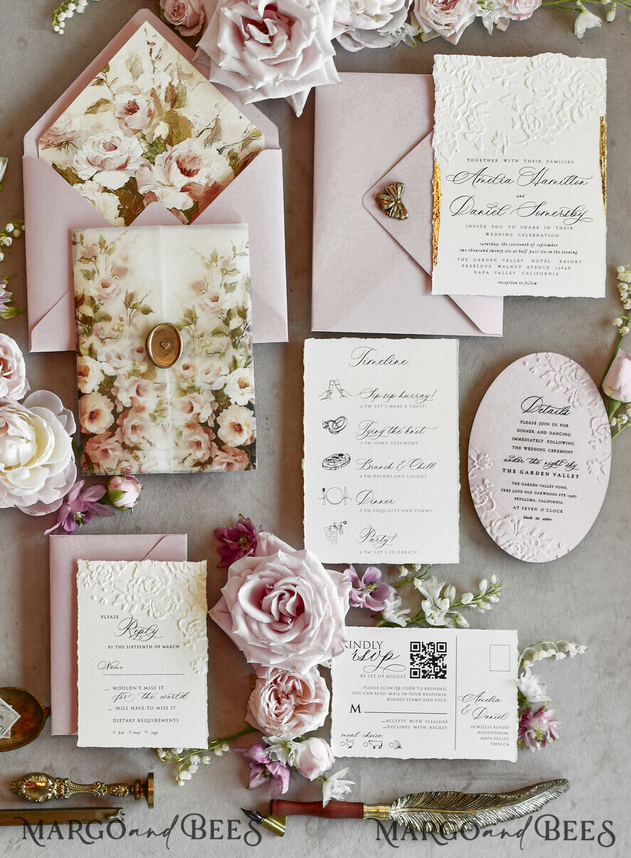 WEDDING INVITATIONS embossed invites Blush Pink Floral Wedding Invitations – Fine Art Invitations with Embossed Details, Floral Envelope Liners
