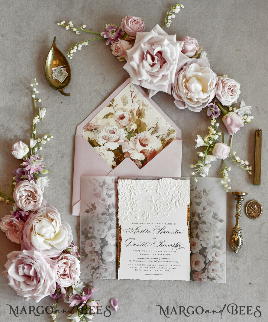 WEDDING INVITATIONS embossed invites Blush Pink Floral Wedding Invitations – Fine Art Invitations with Embossed Details, Floral Envelope Liners