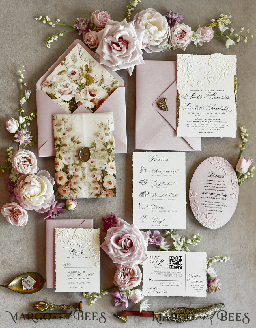 WEDDING INVITATIONS embossed invites Blush Pink Floral Wedding Invitations – Fine Art Invitations with Embossed Details, Floral Envelope Liners