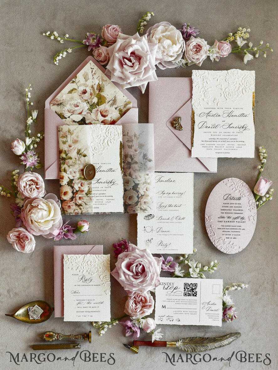 WEDDING INVITATIONS embossed invites Blush Pink Floral Wedding Invitations – Fine Art Invitations with Embossed Details, Floral Envelope Liners