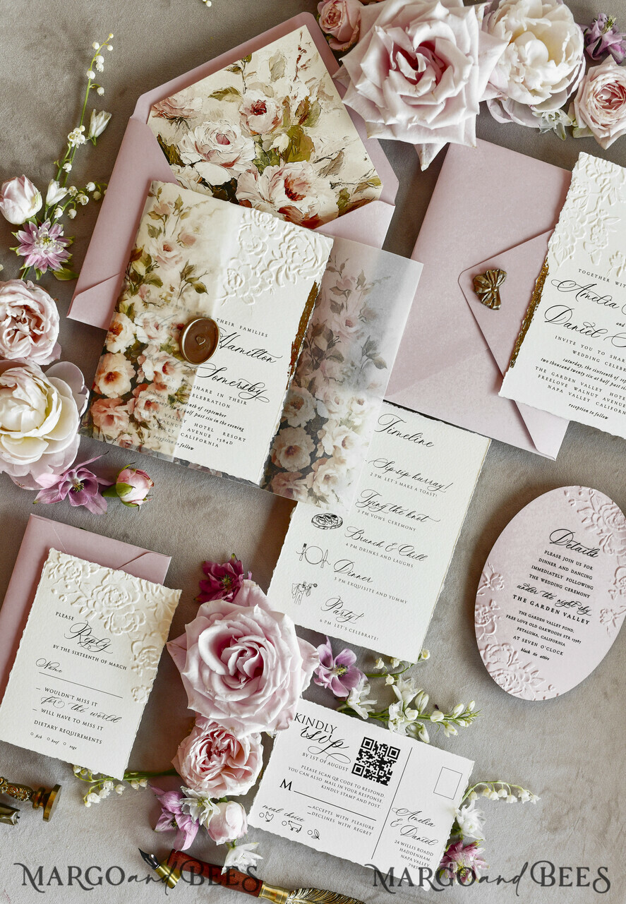 WEDDING INVITATIONS embossed invites Blush Pink Floral Wedding Invitations – Fine Art Invitations with Embossed Details, Floral Envelope Liners