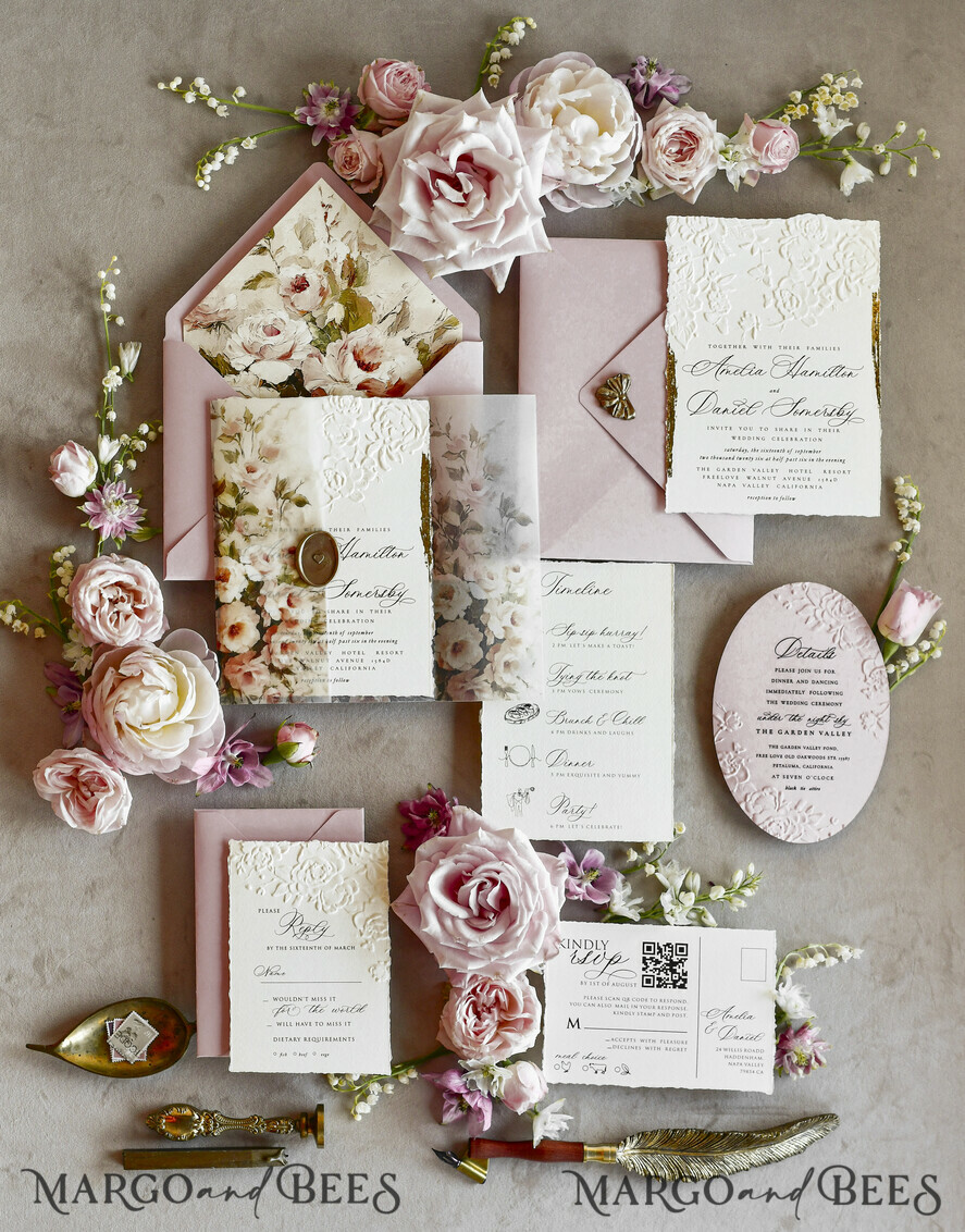 WEDDING INVITATIONS embossed invites Blush Pink Floral Wedding Invitations – Fine Art Invitations with Embossed Details, Floral Envelope Liners