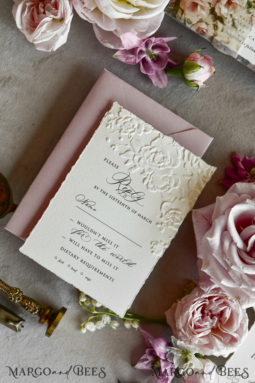 WEDDING INVITATIONS embossed invites Blush Pink Floral Wedding Invitations – Fine Art Invitations with Embossed Details, Floral Envelope Liners