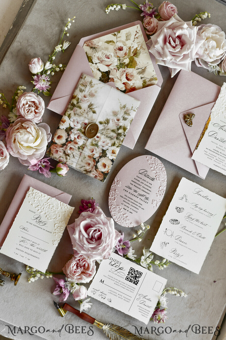 WEDDING INVITATIONS embossed invites Blush Pink Floral Wedding Invitations – Fine Art Invitations with Embossed Details, Floral Envelope Liners