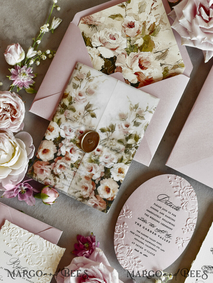 WEDDING INVITATIONS embossed invites Blush Pink Floral Wedding Invitations – Fine Art Invitations with Embossed Details, Floral Envelope Liners