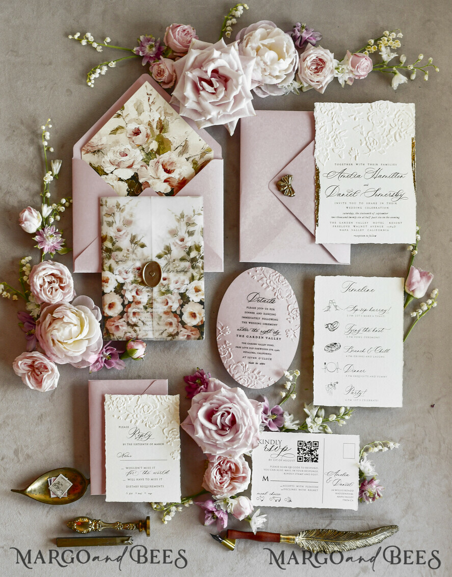WEDDING INVITATIONS embossed invites Blush Pink Floral Wedding Invitations – Fine Art Invitations with Embossed Details, Floral Envelope Liners