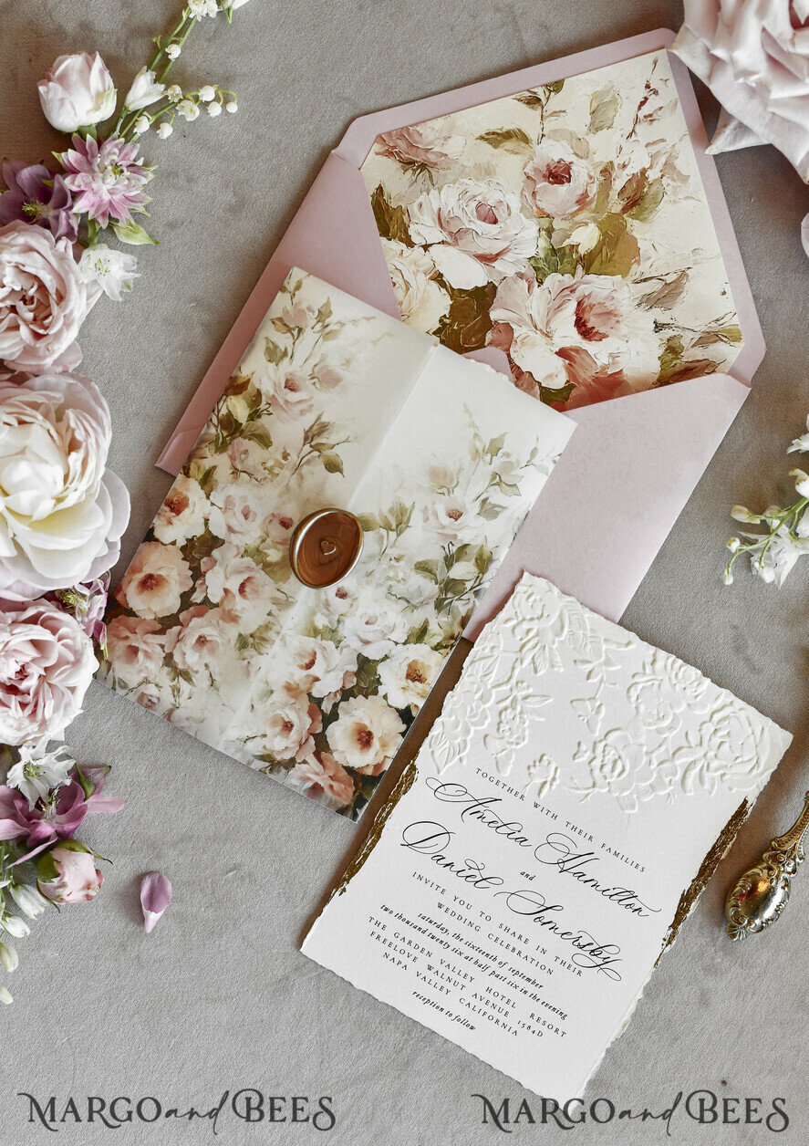 WEDDING INVITATIONS embossed invites Blush Pink Floral Wedding Invitations – Fine Art Invitations with Embossed Details, Floral Envelope Liners