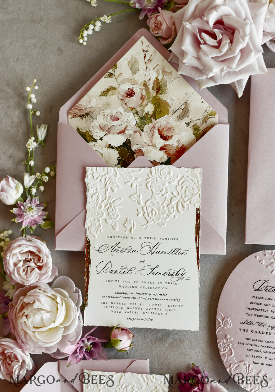WEDDING INVITATIONS embossed invites Blush Pink Floral Wedding Invitations – Fine Art Invitations with Embossed Details, Floral Envelope Liners