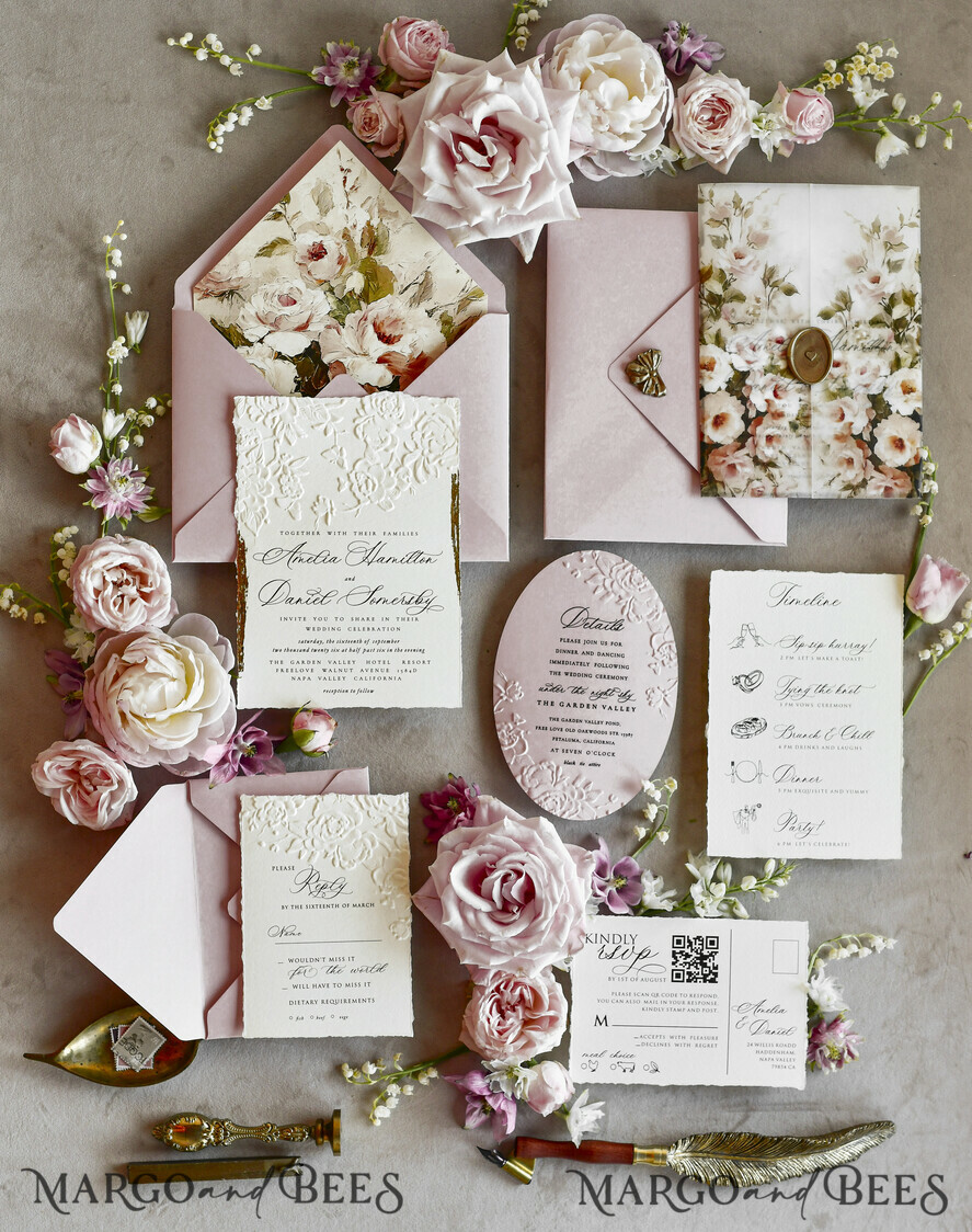 WEDDING INVITATIONS embossed invites Blush Pink Floral Wedding Invitations – Fine Art Invitations with Embossed Details, Floral Envelope Liners