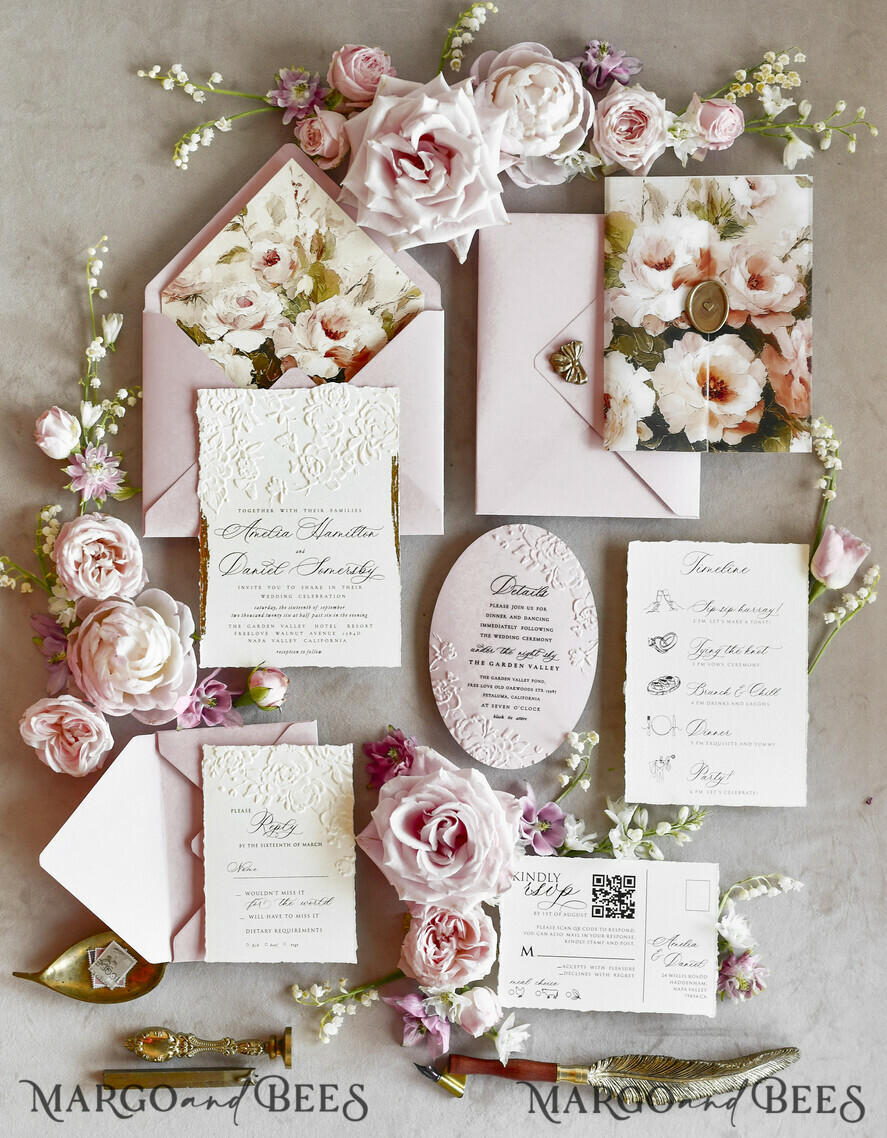 WEDDING INVITATIONS embossed invites Blush Pink Floral Wedding Invitations – Fine Art Invitations with Embossed Details, Floral Envelope Liners