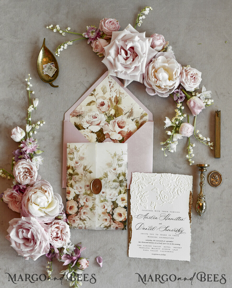WEDDING INVITATIONS embossed invites Blush Pink Floral Wedding Invitations – Fine Art Invitations with Embossed Details, Floral Envelope Liners