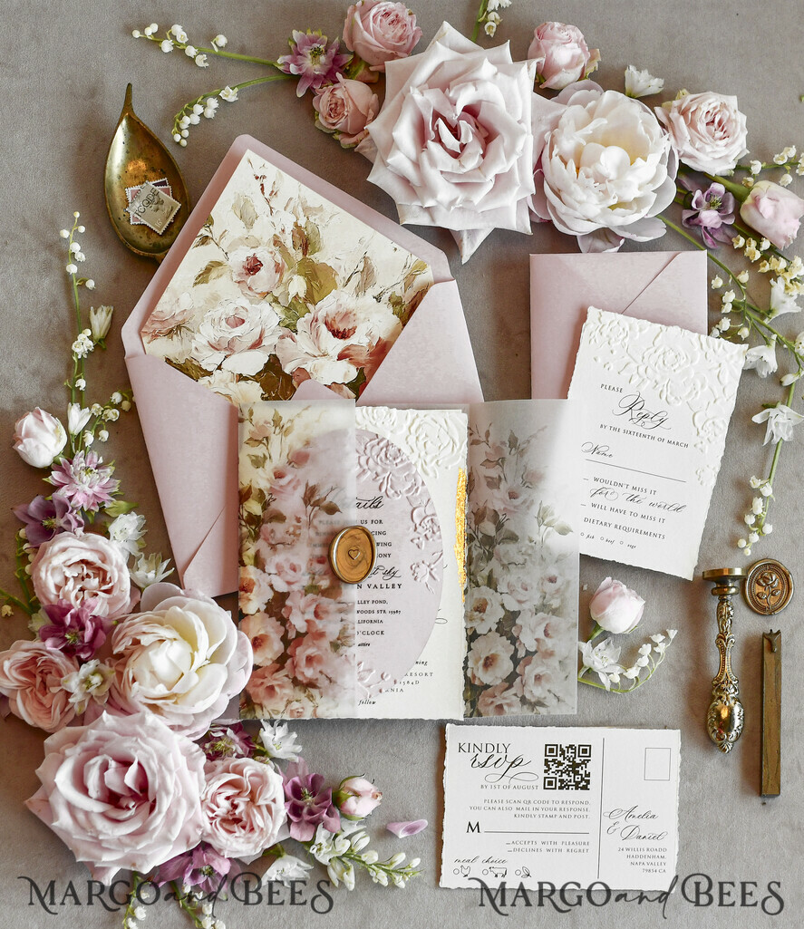 WEDDING INVITATIONS embossed invites Blush Pink Floral Wedding Invitations – Fine Art Invitations with Embossed Details, Floral Envelope Liners