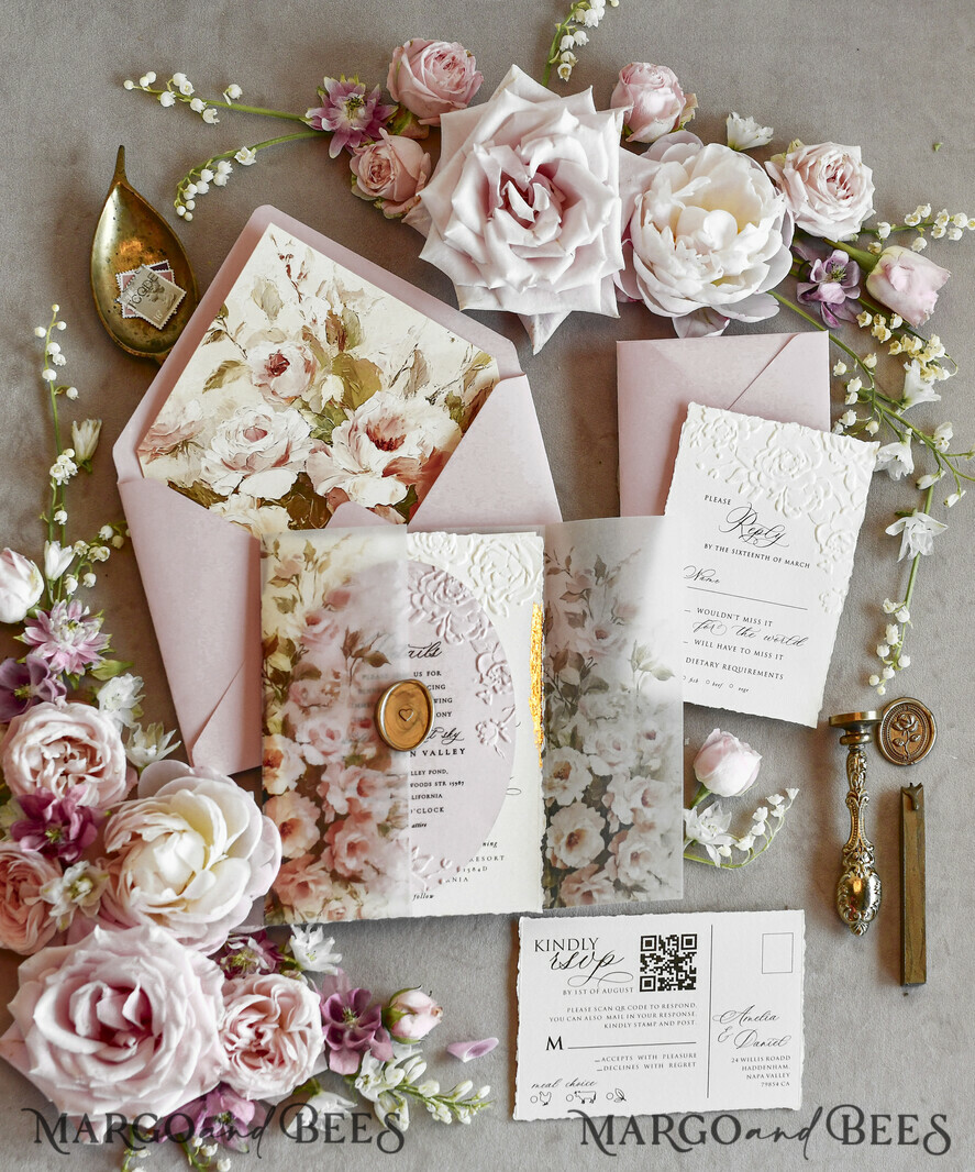 WEDDING INVITATIONS embossed invites Blush Pink Floral Wedding Invitations – Fine Art Invitations with Embossed Details, Floral Envelope Liners