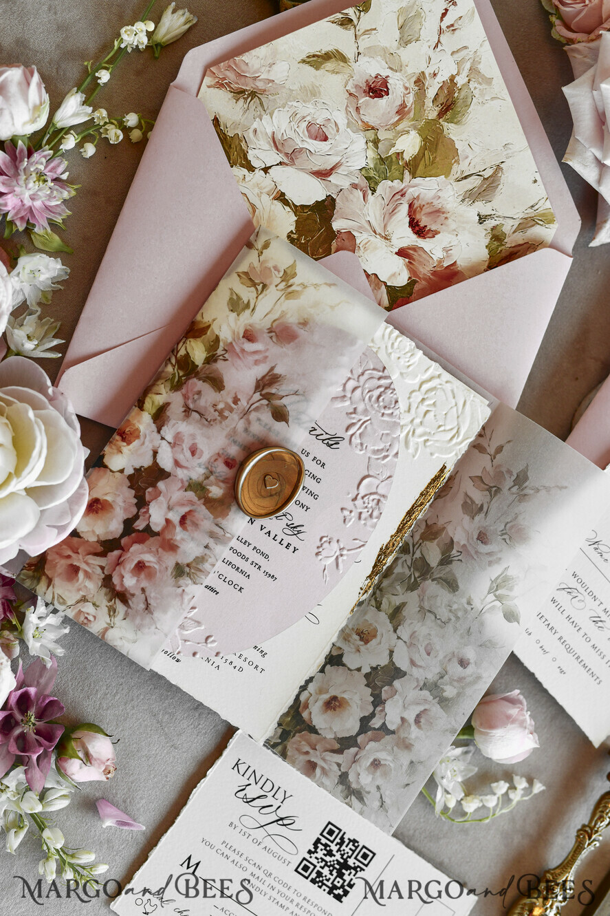 WEDDING INVITATIONS embossed invites Blush Pink Floral Wedding Invitations – Fine Art Invitations with Embossed Details, Floral Envelope Liners