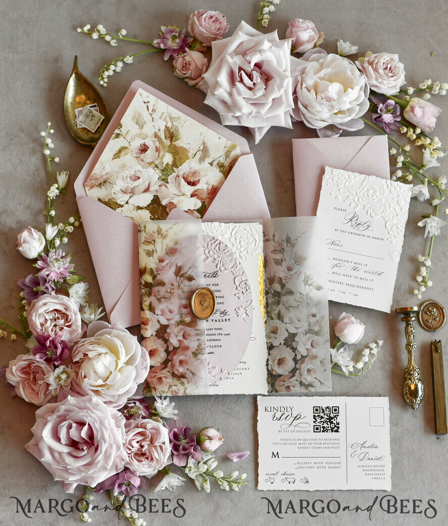 WEDDING INVITATIONS embossed invites Blush Pink Floral Wedding Invitations – Fine Art Invitations with Embossed Details, Floral Envelope Liners