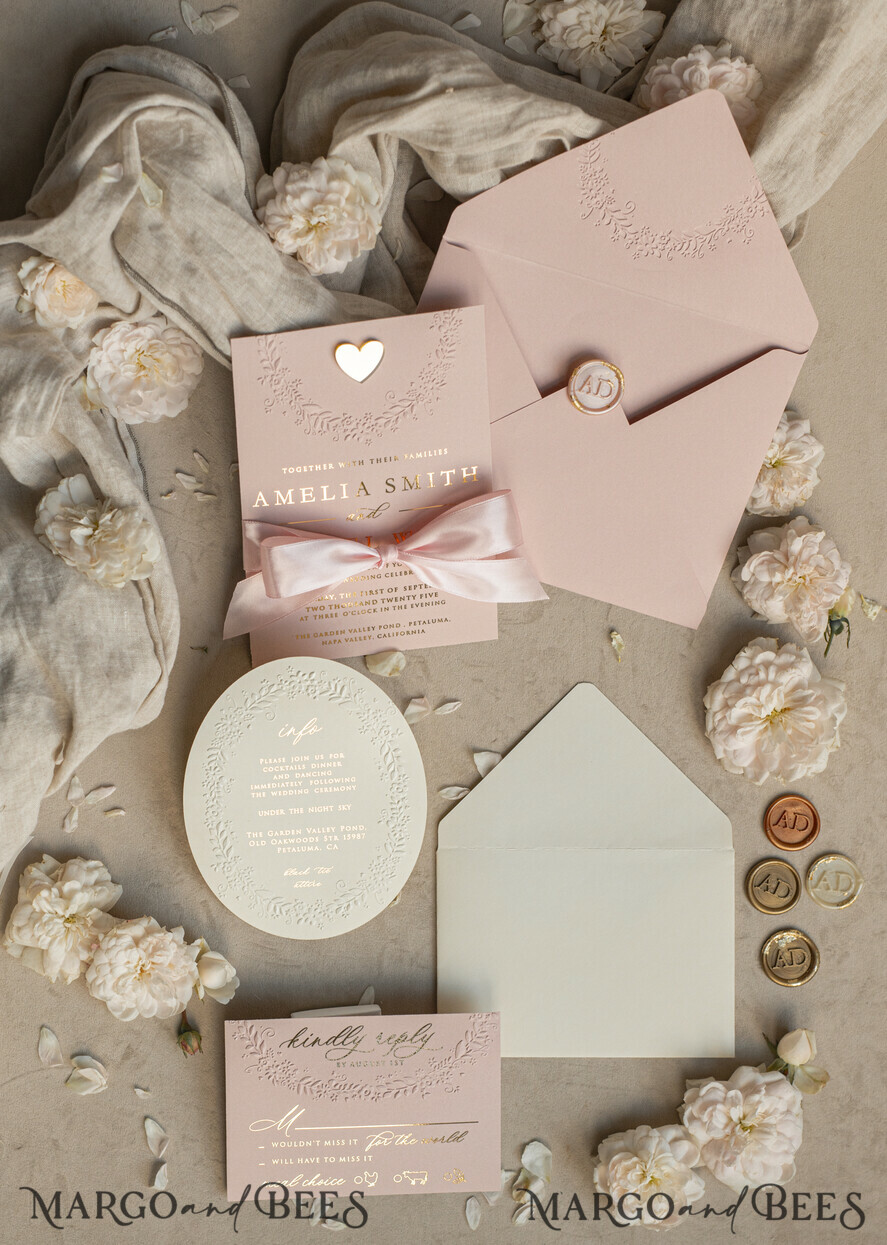 WEDDING INVITATIONS embossed invites  Fine Art Embossed Blind Ivory Gold Wedding Invitation, Golden deboss Floral Wedding Invitation, Boho Ecru Debossed Invitation suite,  Cotton paper wedding invitation suite with mirror heart