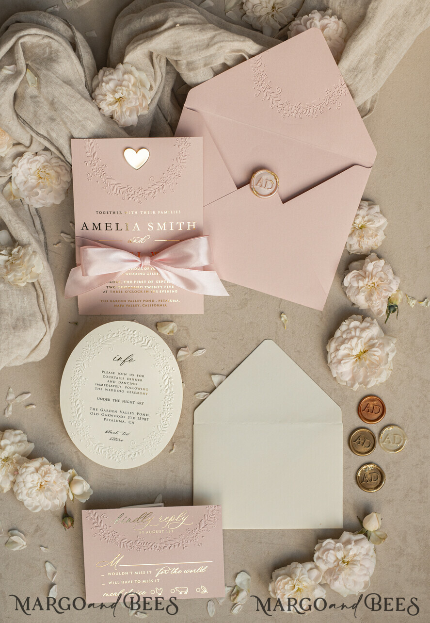 WEDDING INVITATIONS embossed invites  Fine Art Embossed Blind Ivory Gold Wedding Invitation, Golden deboss Floral Wedding Invitation, Boho Ecru Debossed Invitation suite,  Cotton paper wedding invitation suite with mirror heart