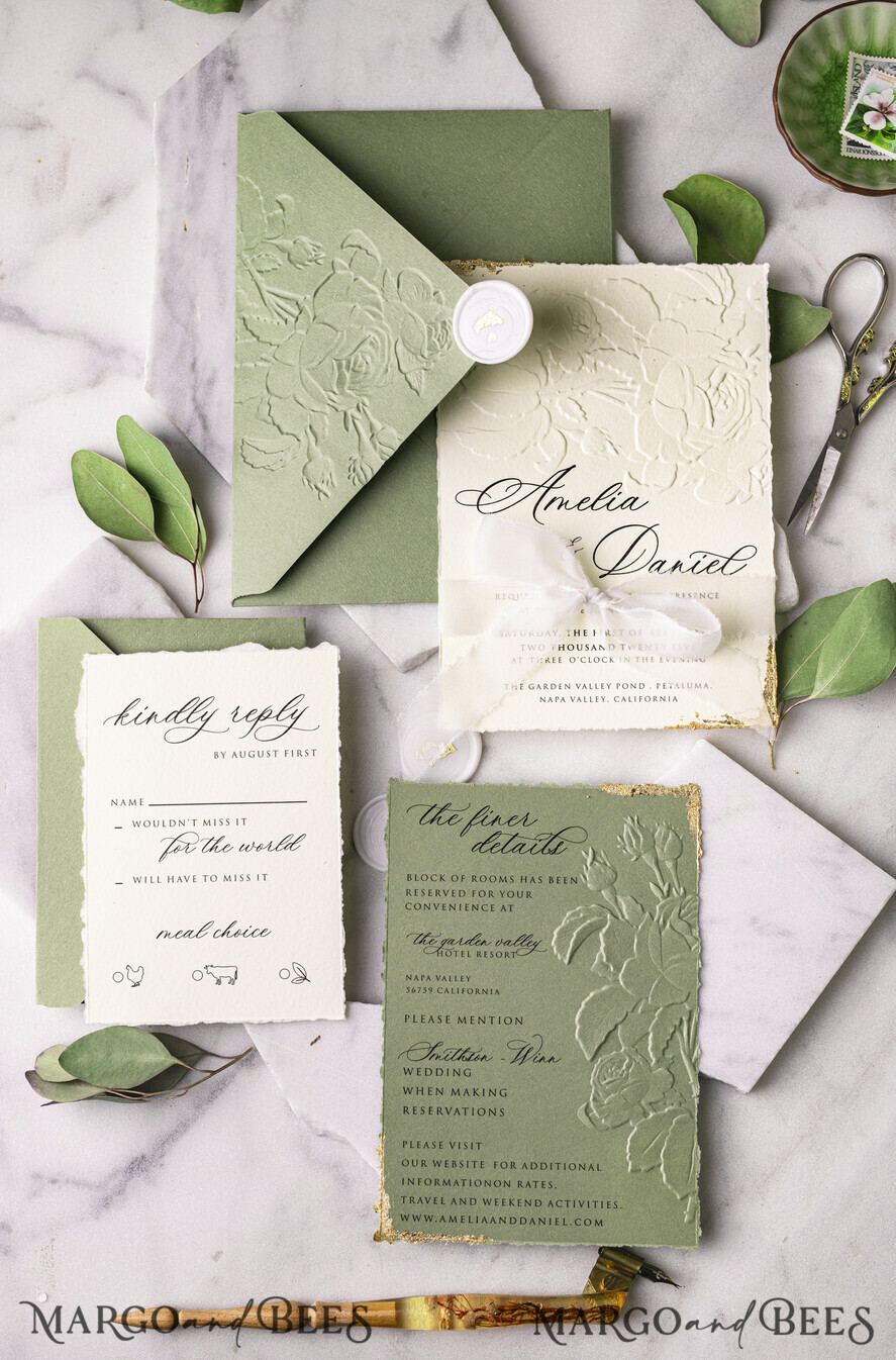 WEDDING INVITATIONS embossed invites  Gold Wedding Invitations,  Fine Art Embossed Blind Sage green deboss Floral Wedding Invitation, Boho Ecru Debossed Invitation suite,  Cotton paper wedding invitation suite with mirror heart