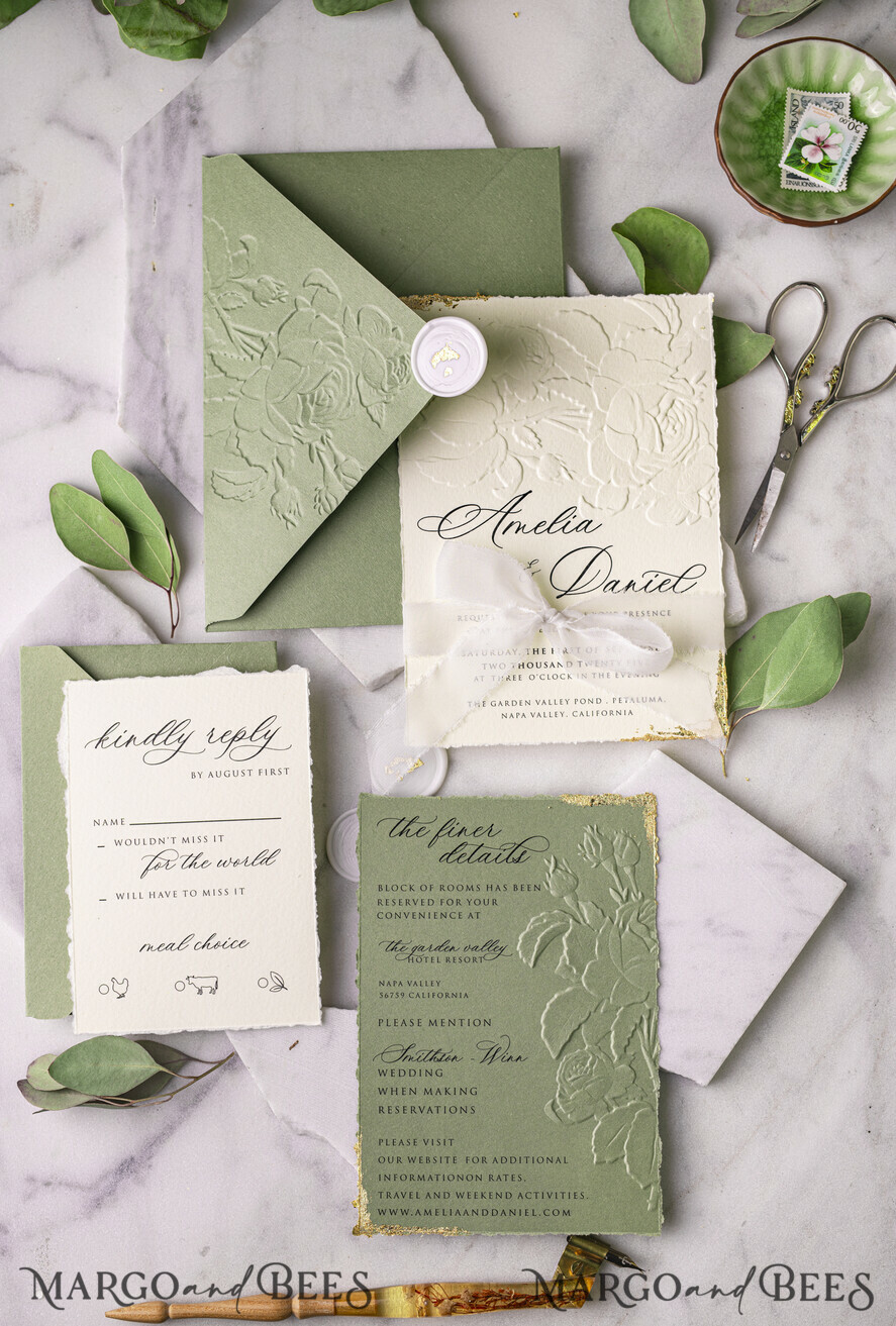 WEDDING INVITATIONS embossed invites  Gold Wedding Invitations,  Fine Art Embossed Blind Sage green deboss Floral Wedding Invitation, Boho Ecru Debossed Invitation suite,  Cotton paper wedding invitation suite with mirror heart