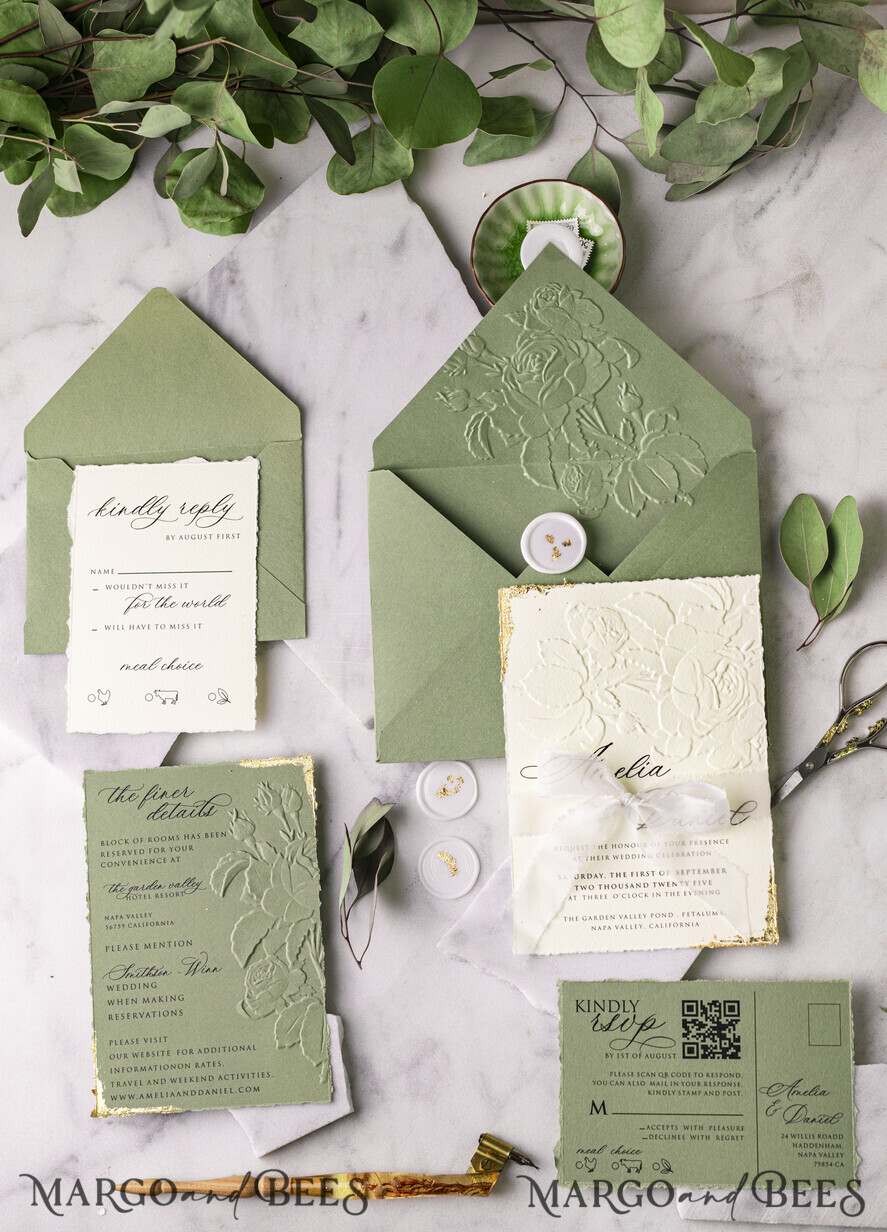 WEDDING INVITATIONS embossed invites  Gold Wedding Invitations,  Fine Art Embossed Blind Sage green deboss Floral Wedding Invitation, Boho Ecru Debossed Invitation suite,  Cotton paper wedding invitation suite with mirror heart