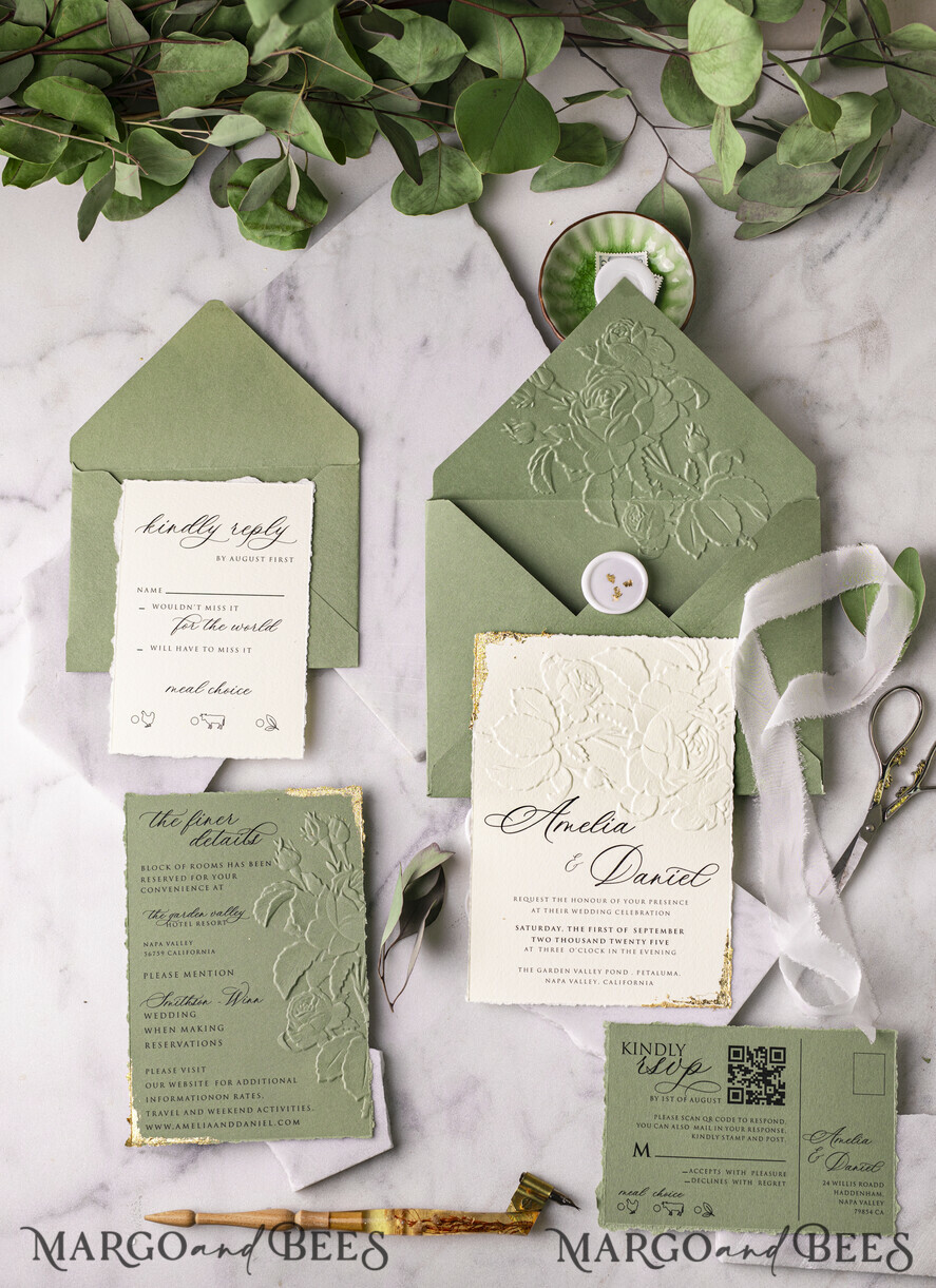 WEDDING INVITATIONS embossed invites  Gold Wedding Invitations,  Fine Art Embossed Blind Sage green deboss Floral Wedding Invitation, Boho Ecru Debossed Invitation suite,  Cotton paper wedding invitation suite with mirror heart