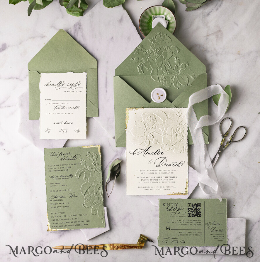 WEDDING INVITATIONS embossed invites  Gold Wedding Invitations,  Fine Art Embossed Blind Sage green deboss Floral Wedding Invitation, Boho Ecru Debossed Invitation suite,  Cotton paper wedding invitation suite with mirror heart