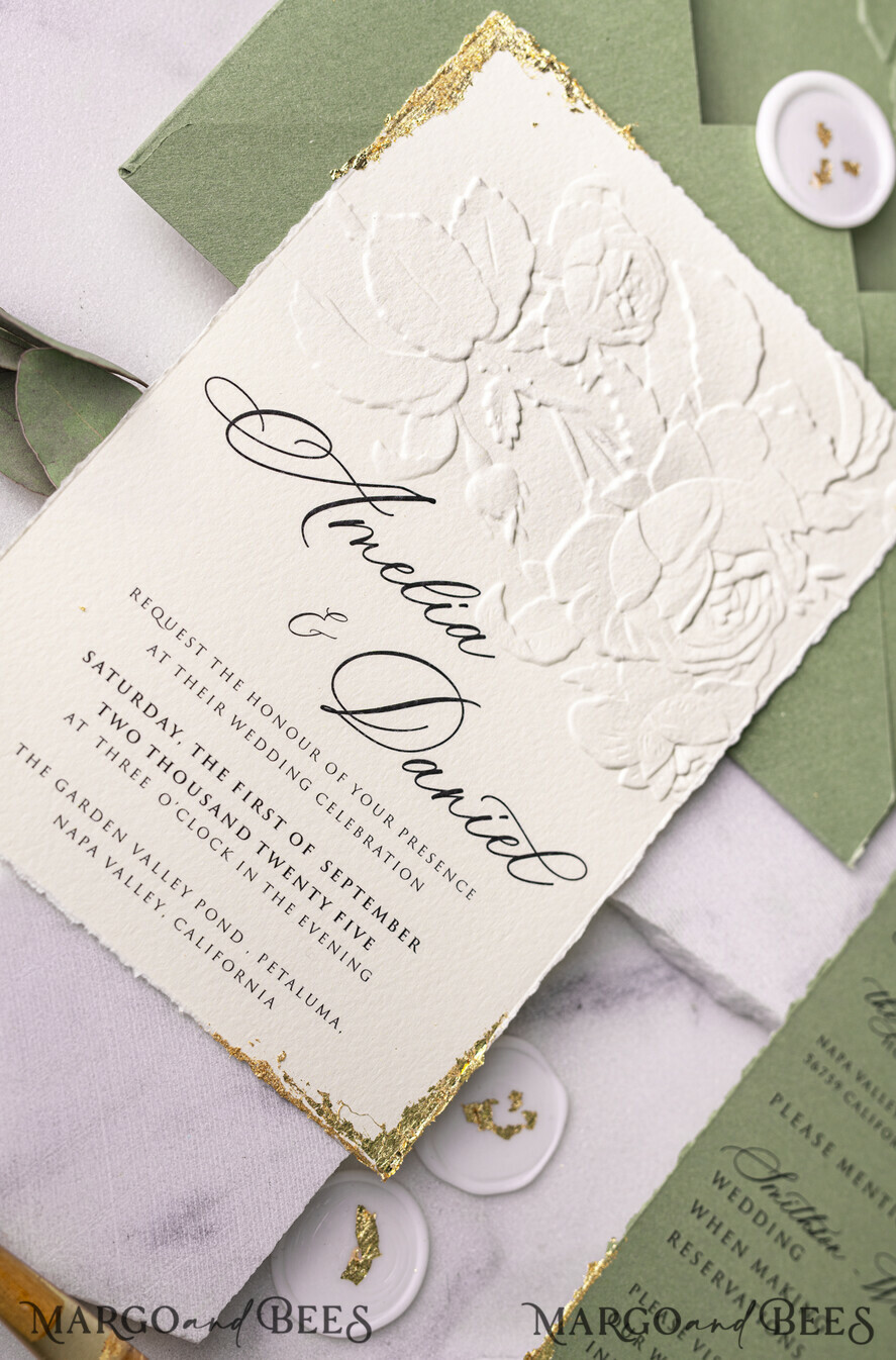 WEDDING INVITATIONS embossed invites  Gold Wedding Invitations,  Fine Art Embossed Blind Sage green deboss Floral Wedding Invitation, Boho Ecru Debossed Invitation suite,  Cotton paper wedding invitation suite with mirror heart