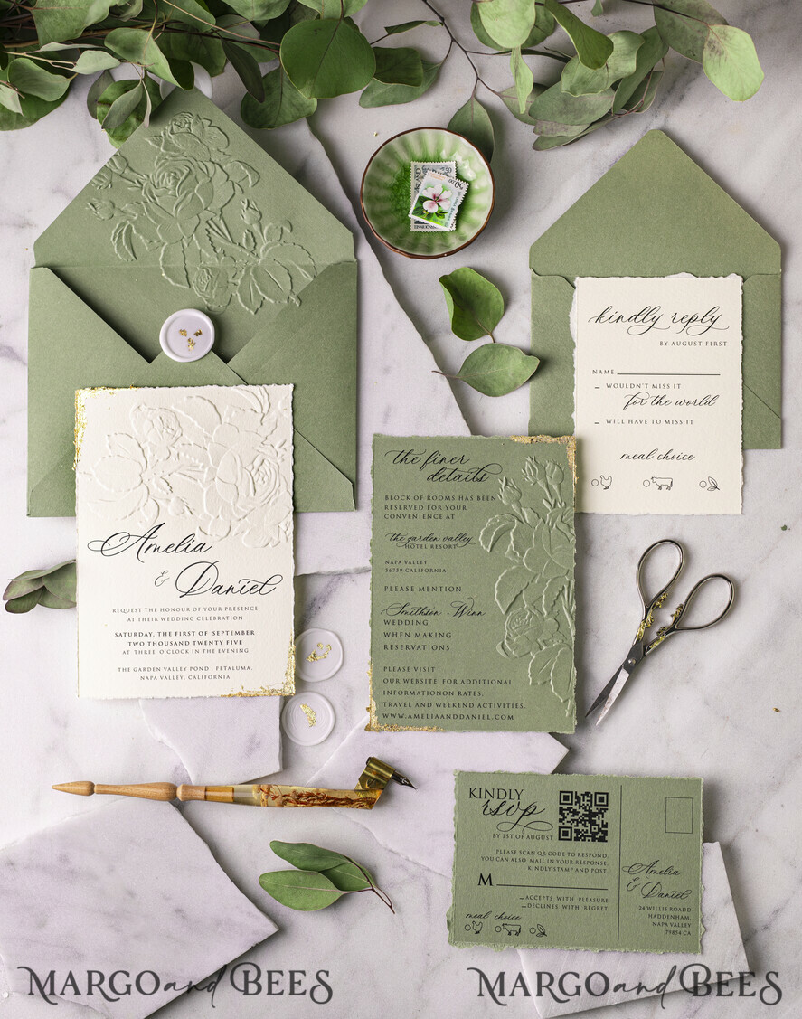 WEDDING INVITATIONS embossed invites  Gold Wedding Invitations,  Fine Art Embossed Blind Sage green deboss Floral Wedding Invitation, Boho Ecru Debossed Invitation suite,  Cotton paper wedding invitation suite with mirror heart