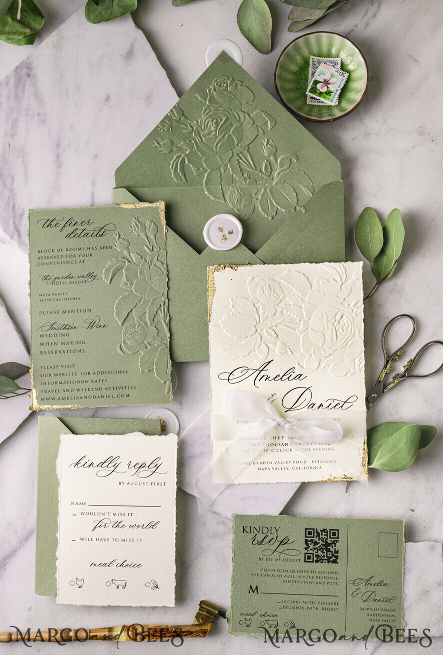 WEDDING INVITATIONS embossed invites  Gold Wedding Invitations,  Fine Art Embossed Blind Sage green deboss Floral Wedding Invitation, Boho Ecru Debossed Invitation suite,  Cotton paper wedding invitation suite with mirror heart